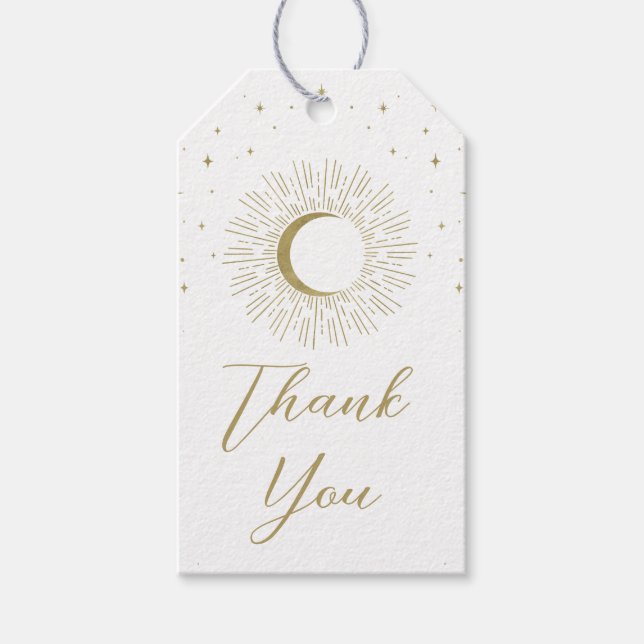 Étiquettes-cadeau White & Gold Stars Celestial Sunburst Moon Mariage (Devant)