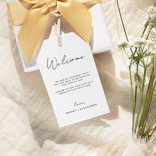 Étiquettes-cadeau White Modern Script Destination Wedding Bienvenue