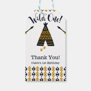 Étiquettes-cadeau Wild One Blue Gold Tepee 1ère fête d'anniversaire