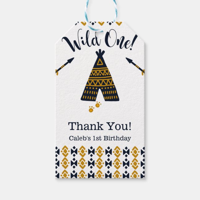 Étiquettes-cadeau Wild One Blue Gold Tepee 1ère fête d'anniversaire (Devant)