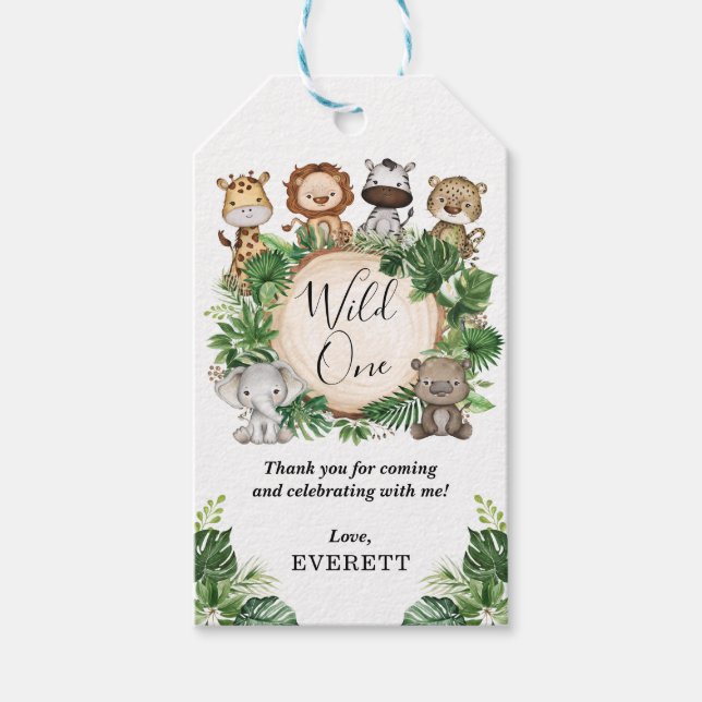 Étiquettes-cadeau Wild One Jungle Safari Animaux Tropical Birthday (Devant)