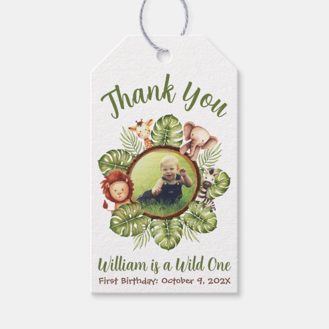 Étiquettes-cadeau Wild One Photo Safari Jungle Feuilles premier anni (Devant)