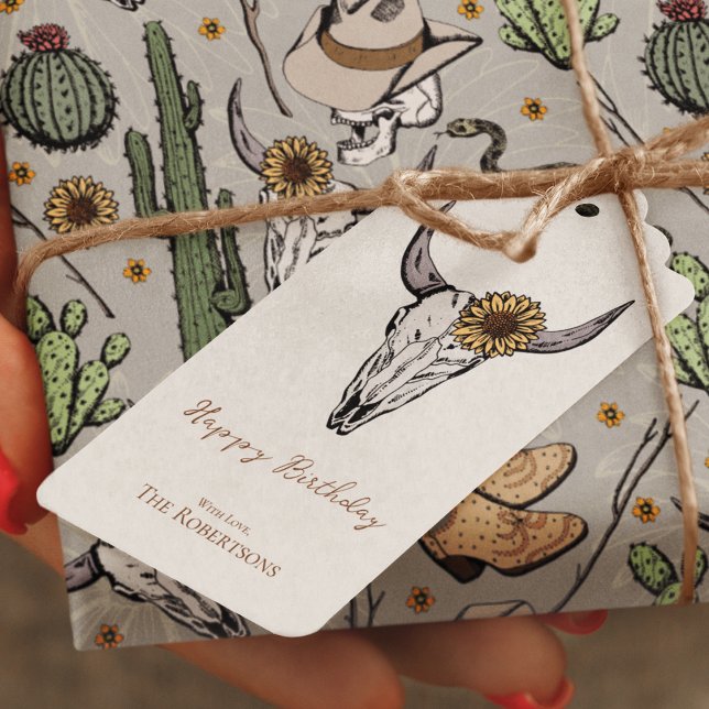 Étiquettes-cadeau Wild West Jappy Birthday Bull Skull (Hand-drawn bull skull adorned with a sunflower on the front, beautiful wild West pattern on the back)