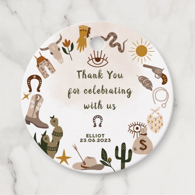 Étiquettes Cadeau Wild West rodeo cowboy anniversaire merci (Devant)