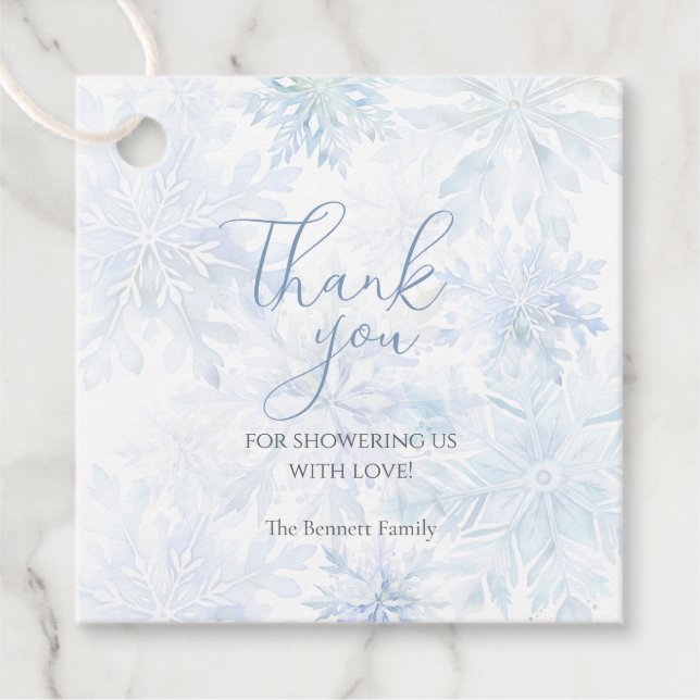 Étiquettes Cadeau Winter Baby Shower Boy Blue Snowflake Thanks (Devant)