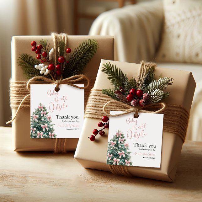 Étiquettes Cadeau Winter It's Cold Outside Pink Bow Girl Baby Shower (Créateur téléchargé)