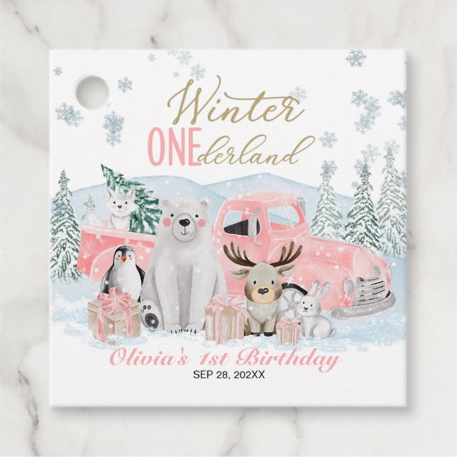 Étiquettes Cadeau Winter Onederland Arctic Animal Girl 1st Birthday (Devant)