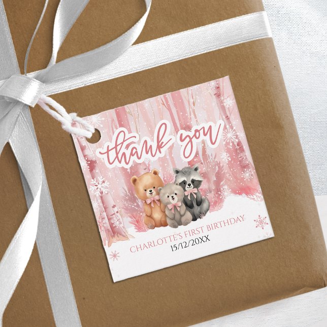 Étiquettes Cadeau Winter Onederland Bear Pink First Birthday Party (Créateur téléchargé)