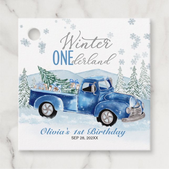 Étiquettes Cadeau Winter Onederland Blue Truck First Birthday (Devant)