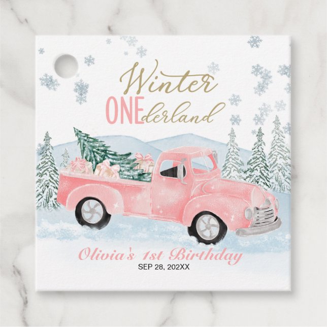 Étiquettes Cadeau Winter Onederland Pink Truck First Birthday (Devant)