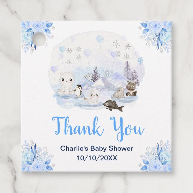 Étiquettes Cadeau Winter Wonderland Animaux Baby shower Merci (Devant)
