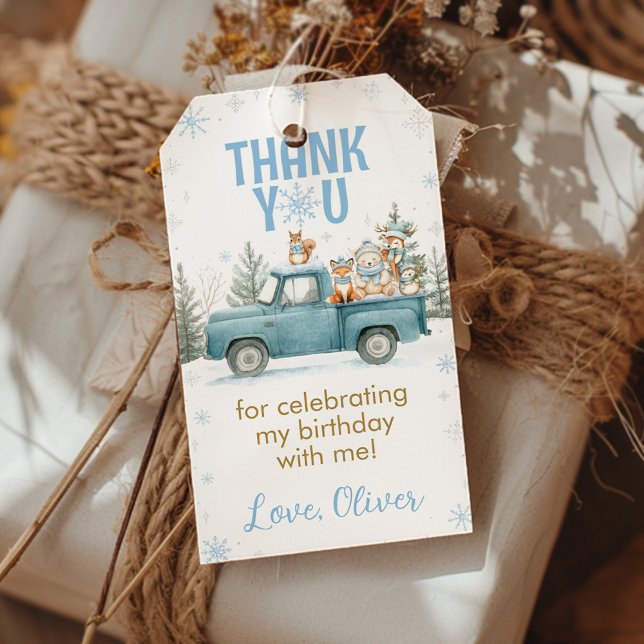 Étiquettes-cadeau Winter Woodland Animals Birthday Thank You (Créateur téléchargé)
