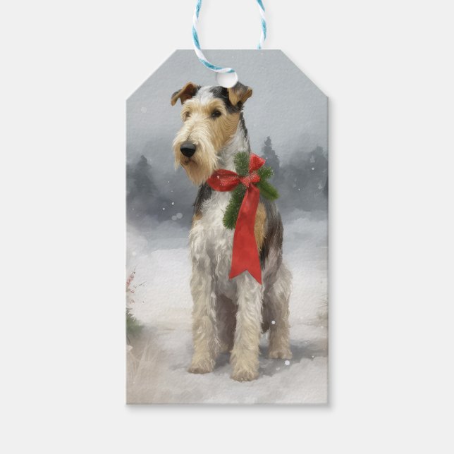 Étiquettes-cadeau Wirefox Terrier Chien de Noël de neige (Devant)