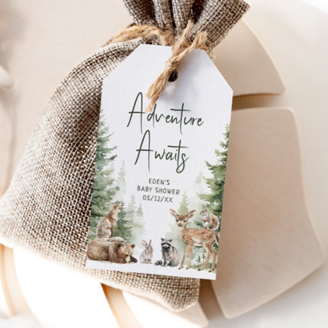 Étiquettes-cadeau Woodland Adventure Await Baby Shower Merci (Créateur téléchargé)
