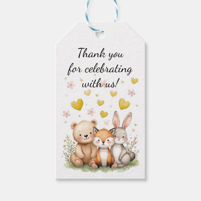 Étiquettes-cadeau Woodland Animals Birthday Bear Fox Bunny Yellow (Devant)