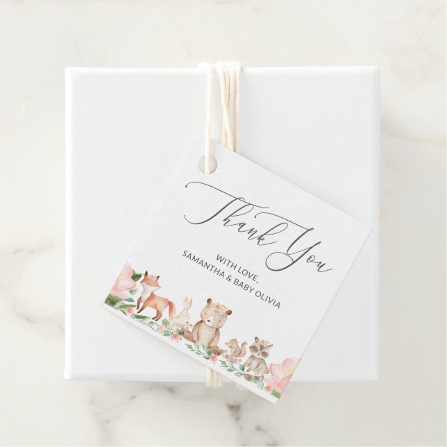 Étiquettes Cadeau Woodland Animals Girl mignonne Merci Baby shower (En situation)