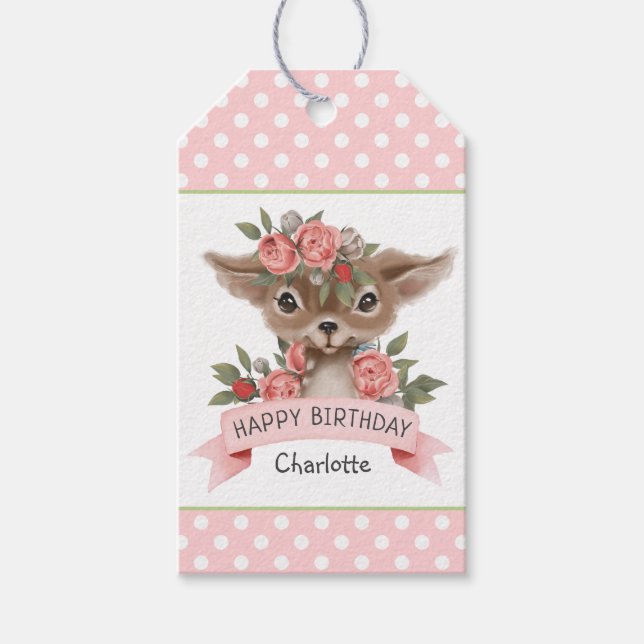 Étiquettes-cadeau Woodland Deer et la fête d'anniversaire de la fill (Devant)