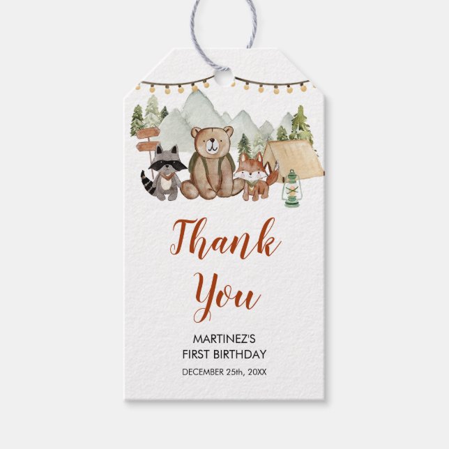 Étiquettes-cadeau Woodland One Happy Camper First Birthday Merci (Devant)
