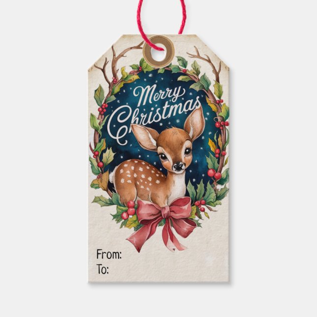 Étiquettes-cadeau Wreath Whimsical Deer Christmas (Devant)