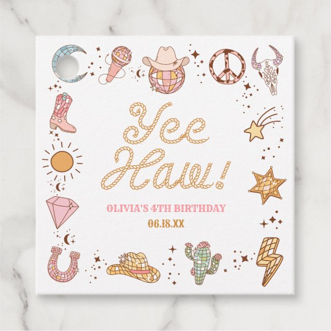 Étiquettes Cadeau Yee Haw ! Western Disco Cowgirl fête d'anniversair (Devant)