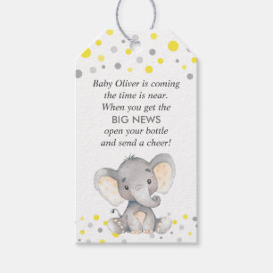 Étiquettes-cadeau Yellow Elephant bébé garçon douche Mini bouteille 