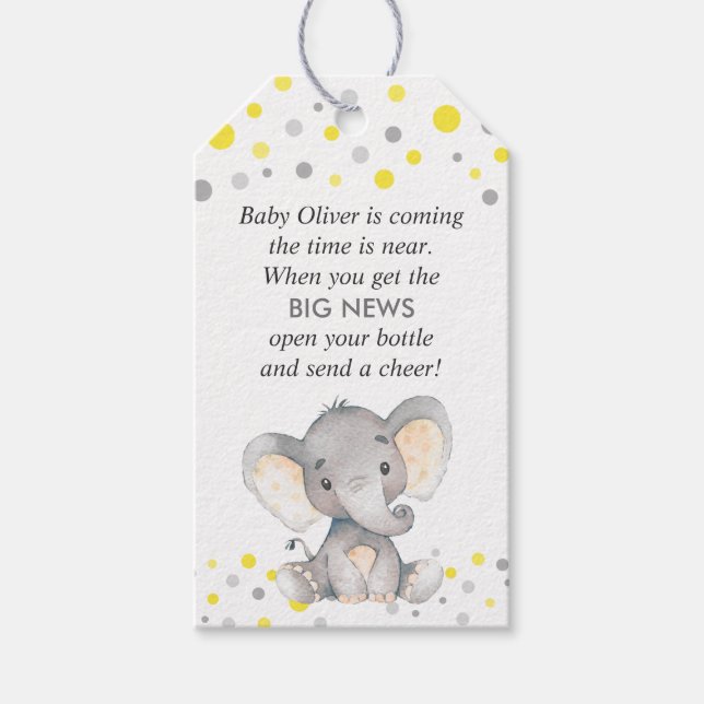 Étiquettes-cadeau Yellow Elephant bébé garçon douche Mini bouteille  (Devant)