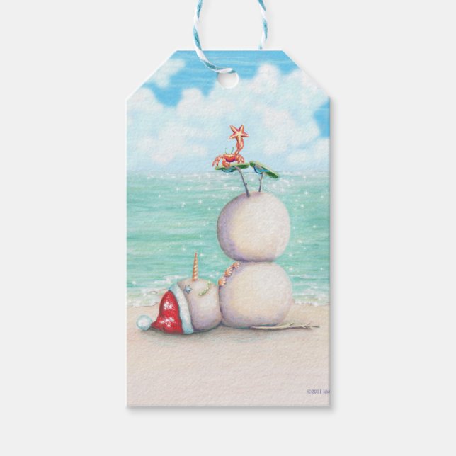 Étiquettes-cadeau Yoga tropical Snowman sur la plage (Devant)