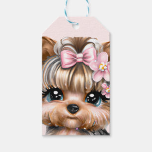 Étiquettes-cadeau Yorkie mignonne avec une corse rose