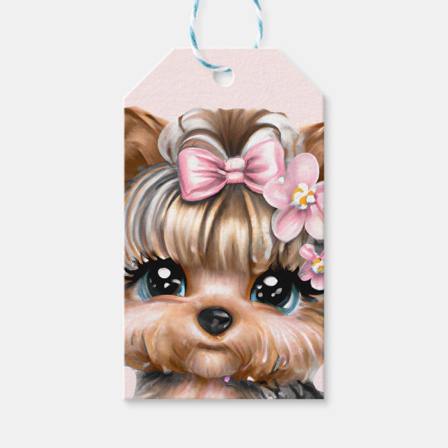 Étiquettes-cadeau Yorkie mignonne avec une corse rose (Devant)