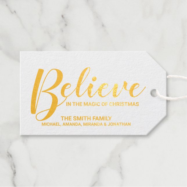 Étiquettes Cadeaux Balises cadeaux 'Believe' Festive Gold Foil (Recto (horizontal))