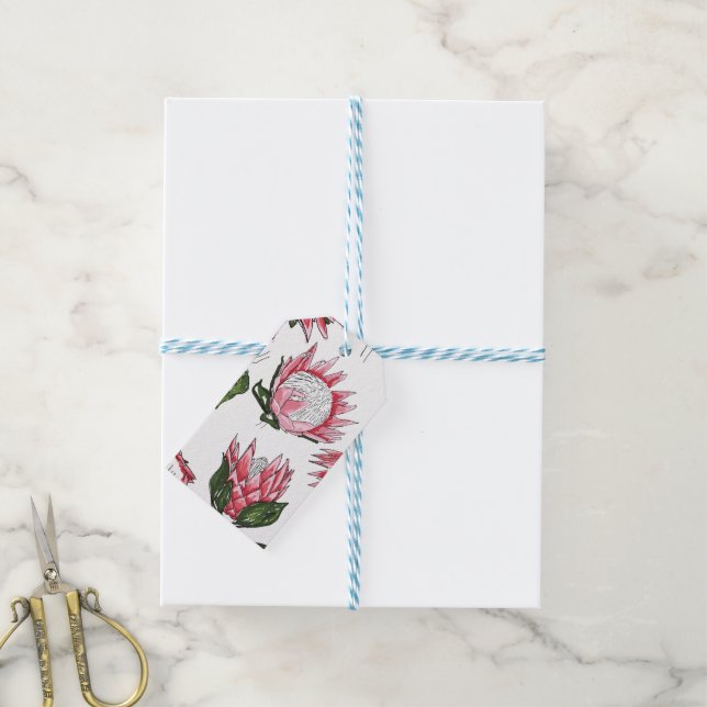 Étiquettes cadeaux blanches avec rois proteas dess (Avec de laficelle)