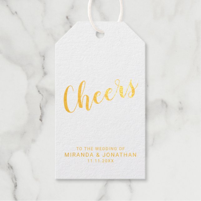 Étiquettes Cadeaux "Cheers" Mariage de script moderne Vin d'or (Recto)