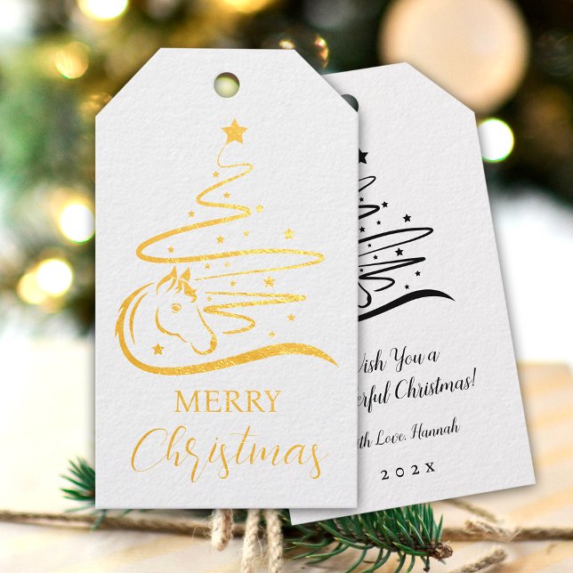 Étiquettes Cadeaux Cheval sapin de Noël vrai feuille d'or Equestrio (Real gold foil horse Christmas tree gift tags with personalized text on both sides)