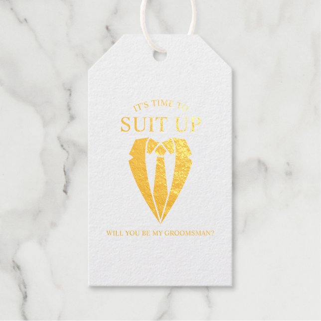 Étiquettes Cadeaux Costume Mariage d'or et Cravate Groomsman Proposit (Recto)