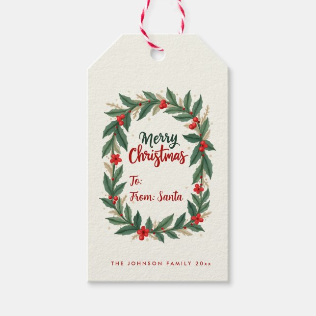Étiquettes Cadeaux Couronne de Noël Joyeux Noël (Devant)
