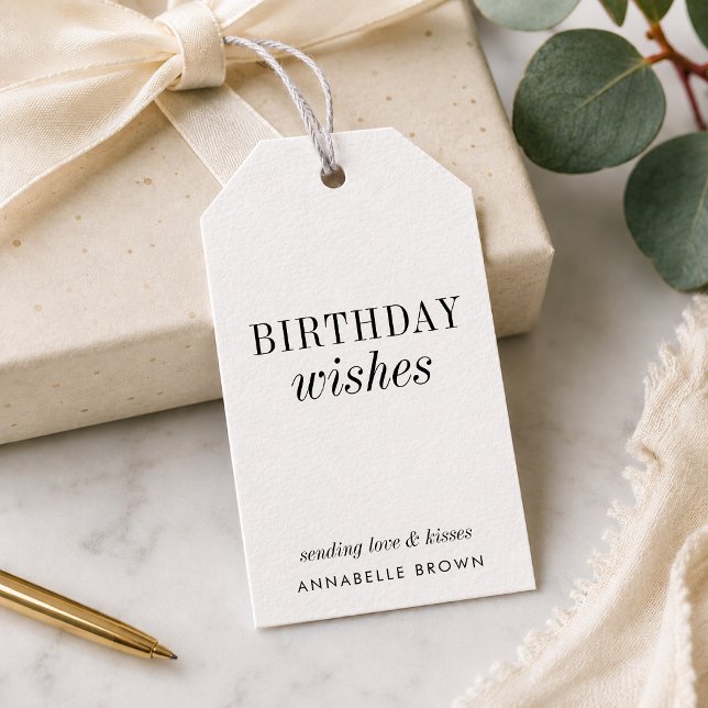 Étiquettes Cadeaux d'Anniversaire | Étiquettes Cad (Personalized white birthday gift tags with clean typography and custom name detail.)