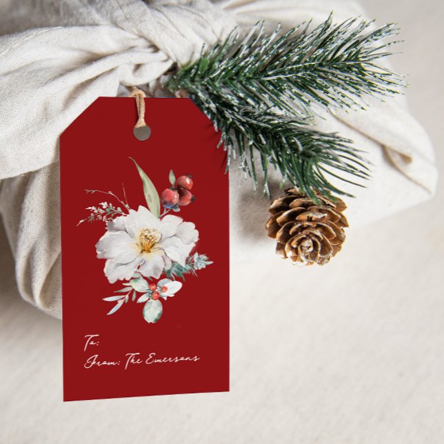 Étiquettes Cadeaux de Fêtes Élégantes Rouges (Elegant Holiday Red Photo Merry Christmas Gift Tag Message Watercolor Berries Floral Boho Chic)