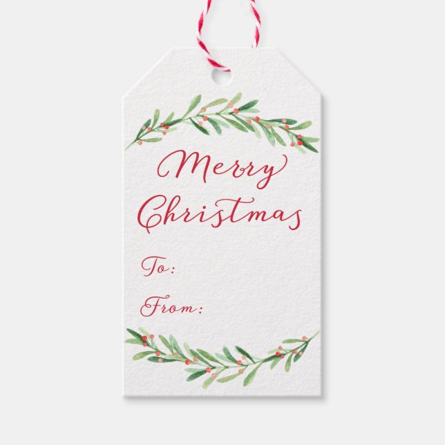 Étiquettes cadeaux de Noël à la branche verte et r (Devant)