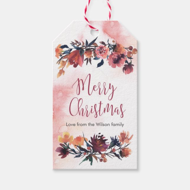 étiquettes cadeaux de Noël fleurs d'hiver bordeaux (Devant)