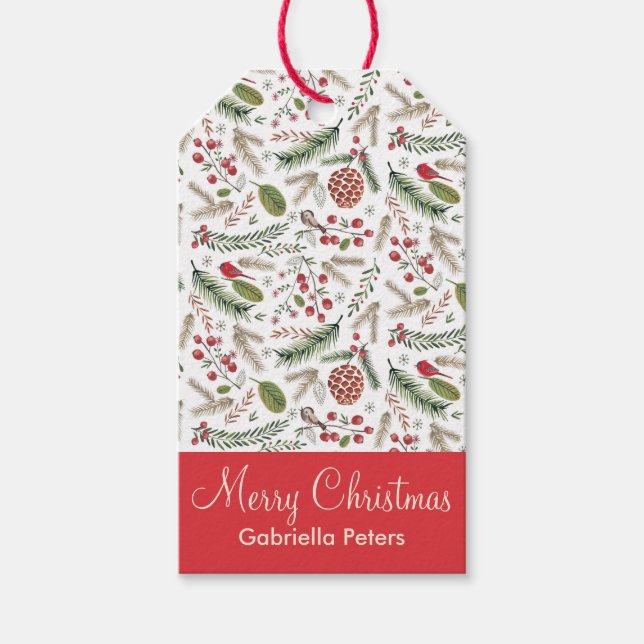 Étiquettes Cadeaux de Noël Pin Oiseaux (Devant)