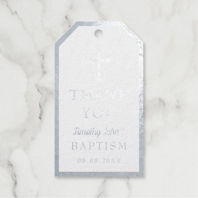 Étiquettes Cadeaux Élégante croix d'argent Baptême photo (Recto)