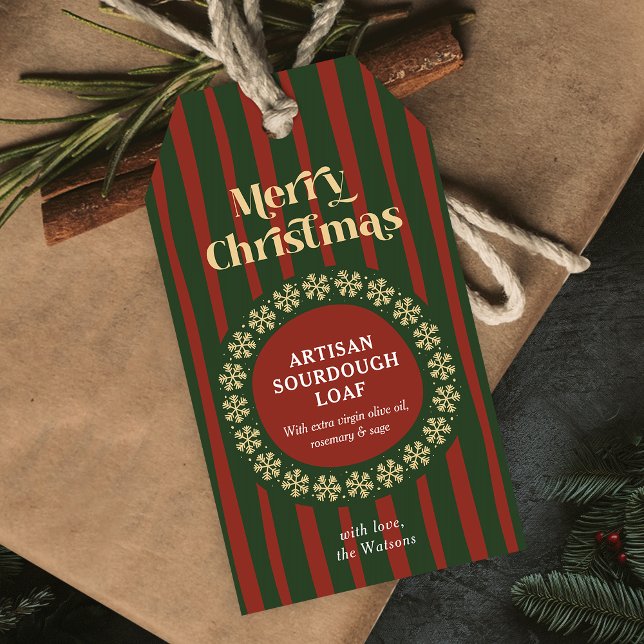 Étiquettes Cadeaux Façon Main Rayures Rouges et Ve (Vintage Christmas handmade gifts hang tags with red and green stripe patter and retro font)