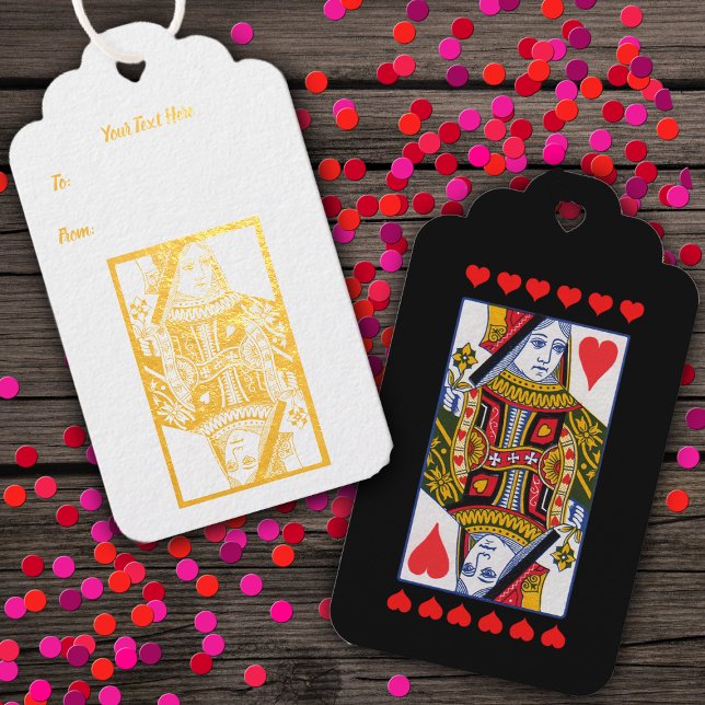 Étiquettes Cadeaux Fancy Heart Suite Queen Playing Card Red Hearts (Heart Suite ornate queen playing card Gold foil front with red hearts on hanging gift or favor tag.)