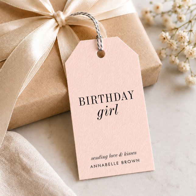 Étiquettes Cadeaux Fille Anniversaire | Étiquette  (Personalized blush birthday girl gift tags for pretty favors, gift boxes, and party bags.)