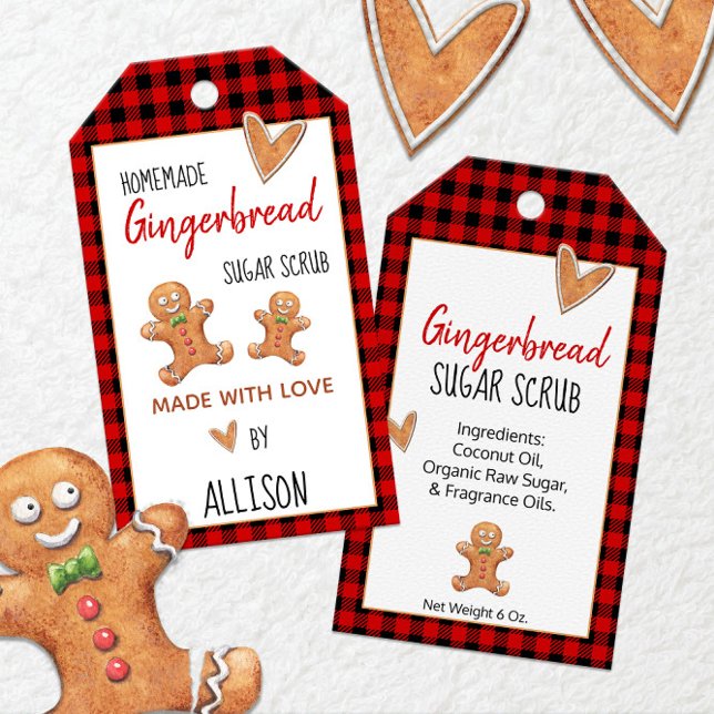 Étiquettes Cadeaux Gâteau de Pain d'Épice 🍪 avec  (Gingerbread Scrub 🍪 Gift Tags with Buffalo Plaid 🎄
)
