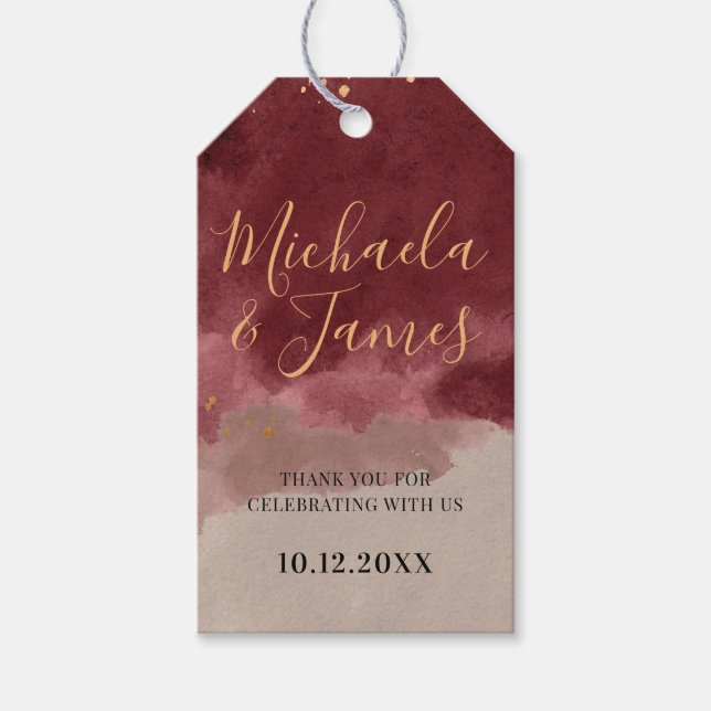 Étiquettes cadeaux Gold et Burgundy Watercolor (Devant)