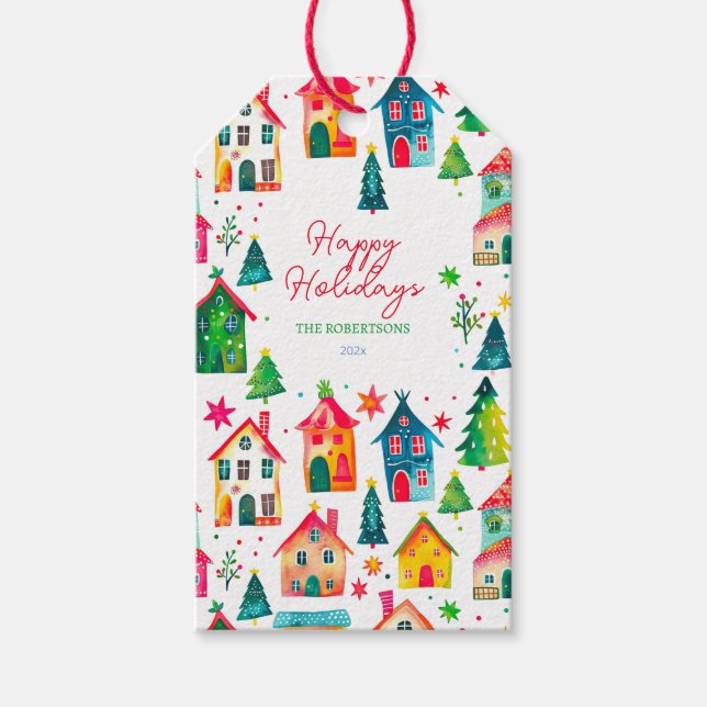 Étiquettes Cadeaux Joyeuses Fêtes de Noël Maisons (Devant)