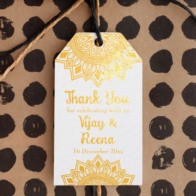 Étiquettes Cadeaux Mandala d'or design mariage personnalisé (Gold mandala design personalized wedding foil gift tags)