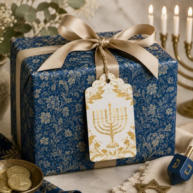 Étiquettes Cadeaux Menorah de style William Morris complexe (Créateur téléchargé)