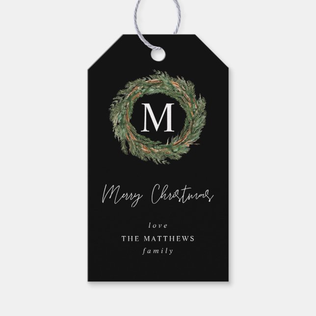 Étiquettes Cadeaux Monogramme Couronne Noire (Devant)
